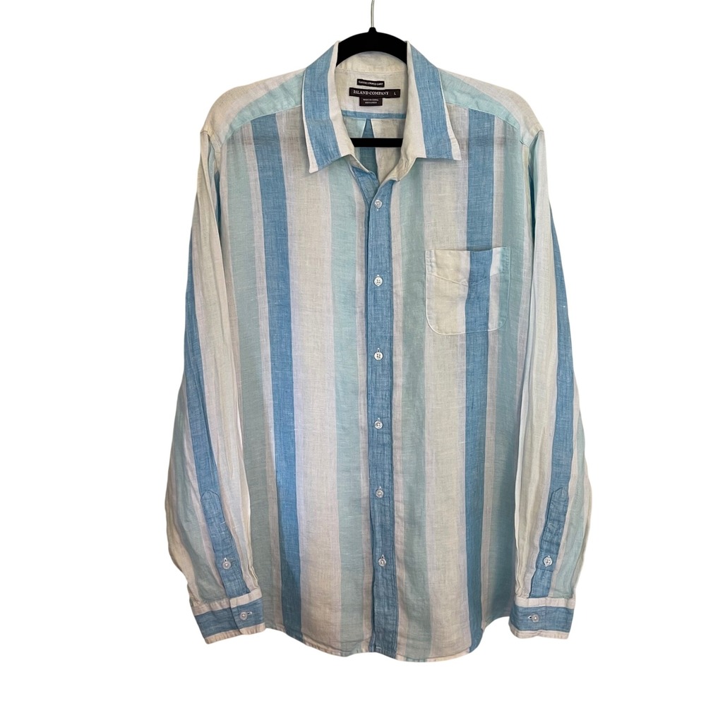 Island Company Mens Blue Teal Striped 100% Linen Button Down Shirt Large Coastal